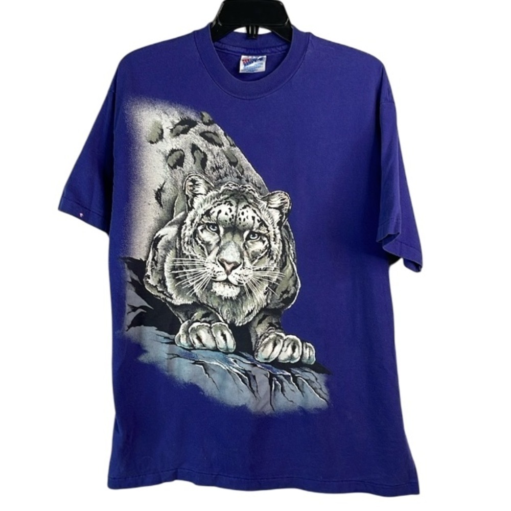 VINTAGE 90s Men’s Single Stitch Snow Leopard Graphic T-Shirt Indigo Blue Crew L - Picture 2 of 11